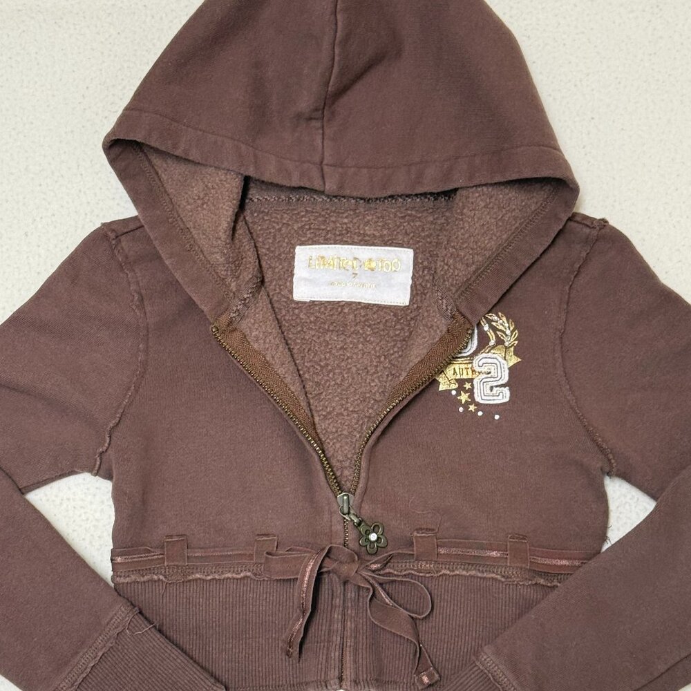 VTG Limited Too "02" Girl's Cropped Hooded Full Zip Jacket w/ Tie - Brown-Size 7 - Picture 3 of 5